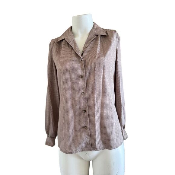 Vintage 70s womens button up taupe tan polka dot - Picture 1 of 3